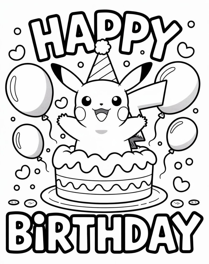 Pikachu alegre usando chapéu de festa saindo de dentro de um bolo de aniversário, cercado por balões e a frase Happy Birthday.