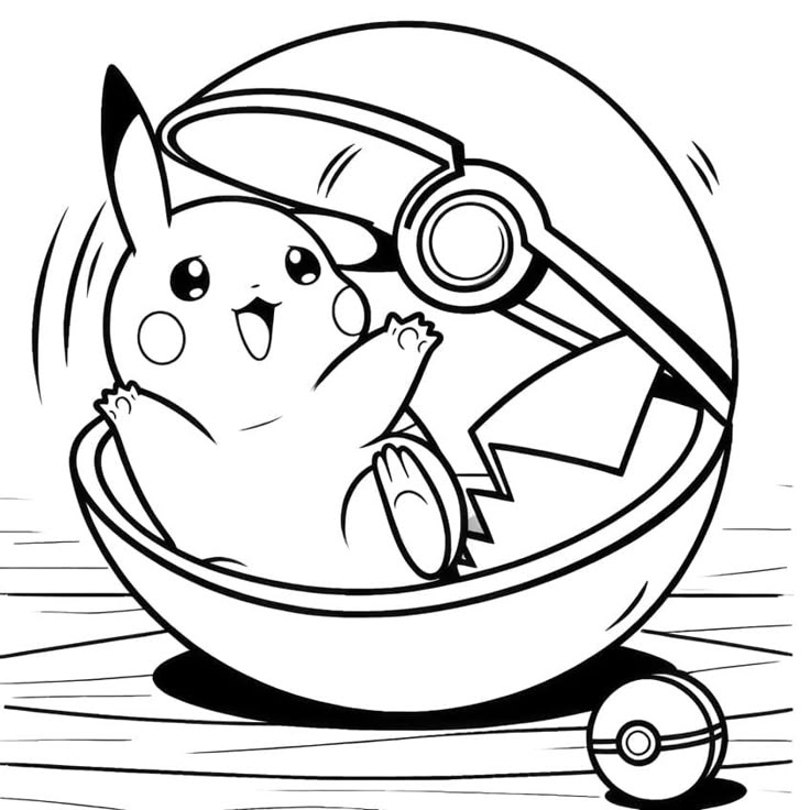 Desenho do anime Pokémon, com Pikachu, todo fofo, saindo de sua pokebola para colorir e imprimir.