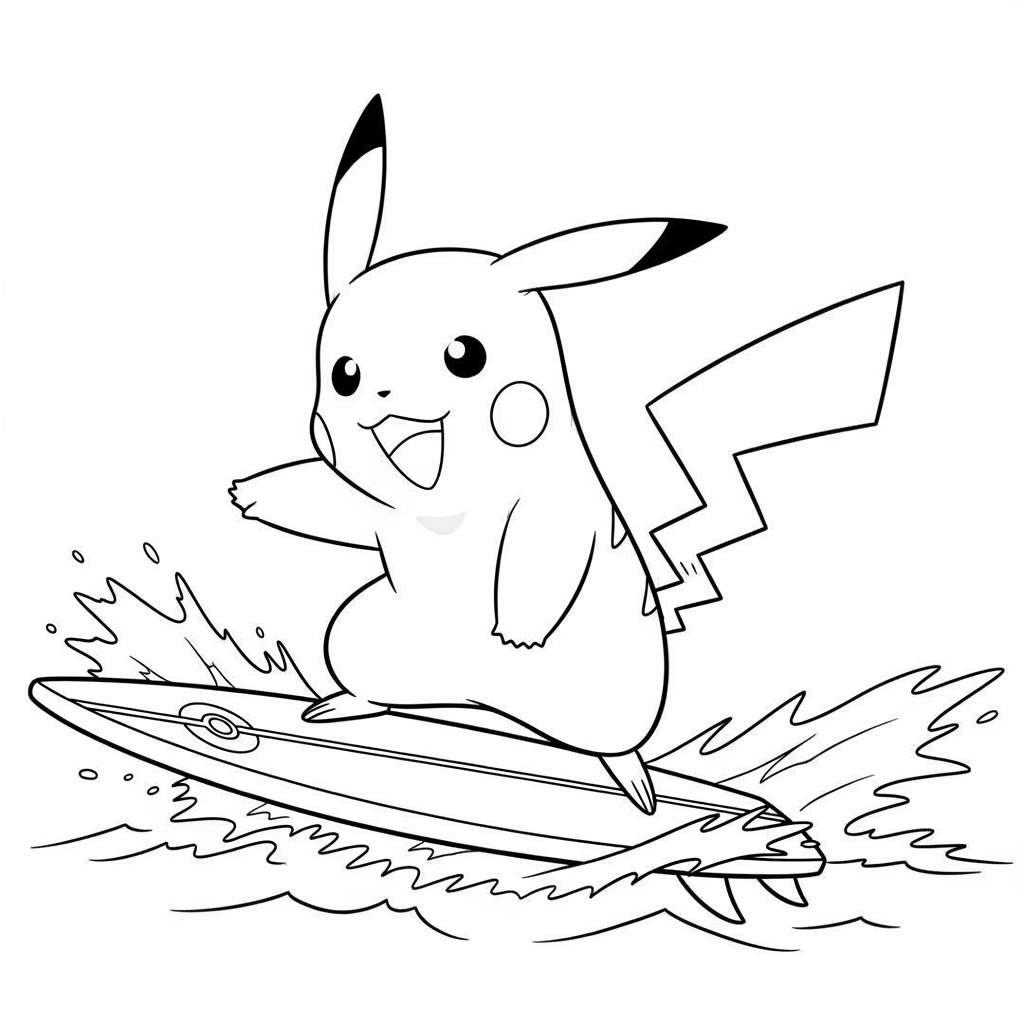 Desenho do Pikachu surfando em uma prancha de surf para imprimir e colorir.