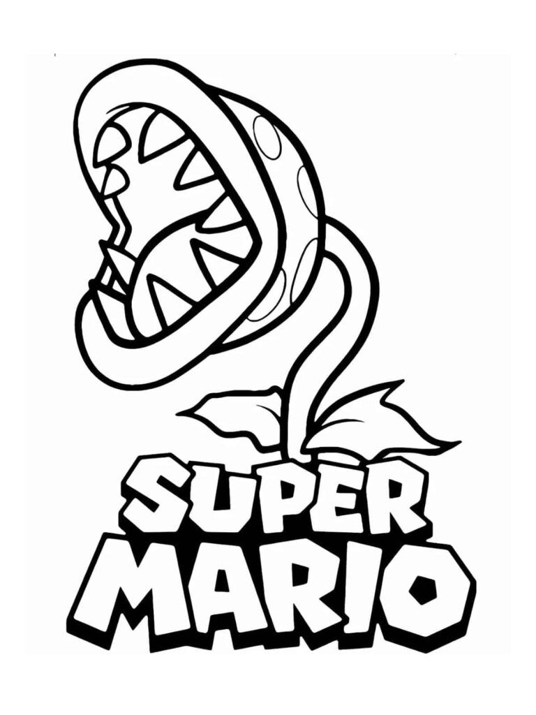 Ilustração em preto e branco da Piranha Plant do Super Mario com a boca aberta pronta para morder, acompanhada do logotipo oficial Super Mario.