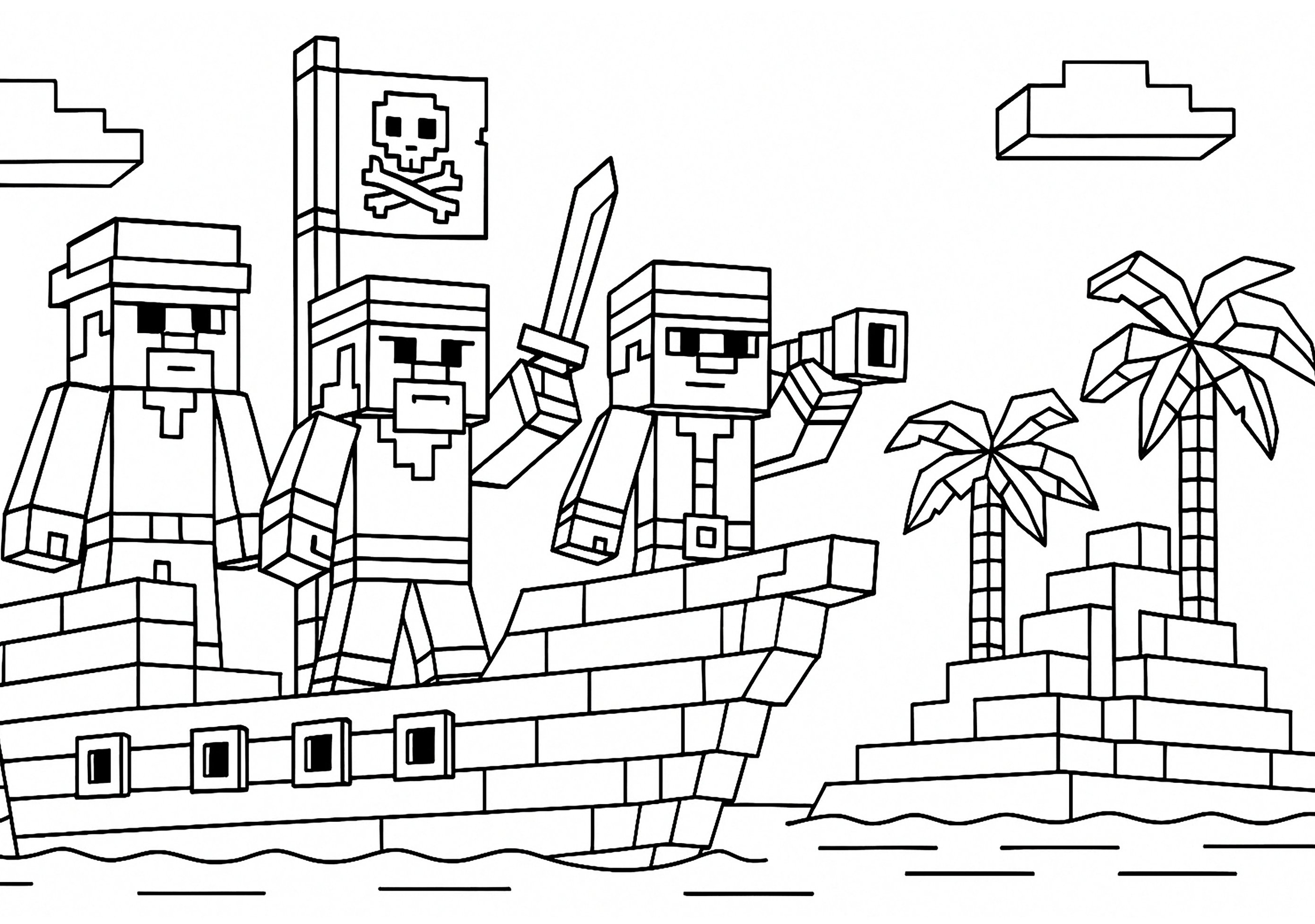 Três personagens estilo Minecraft vestidos de piratas em um navio, com uma bandeira de caveira e uma ilha com palmeiras ao fundo.