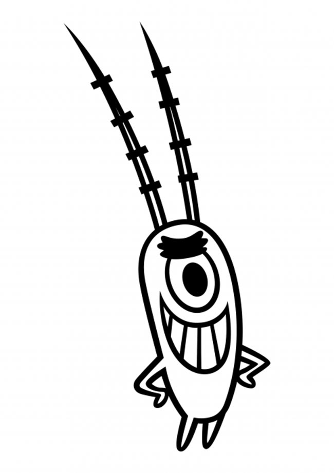 Sheldon J. Plankton do desenho Bob Esponja com expressão maliciosa e mãos na cintura em traço preto e branco.