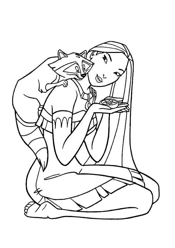 Ilustração em preto e branco de Pocahontas sentada segurando uma bússola com o guaxinim Meeko em seu ombro.