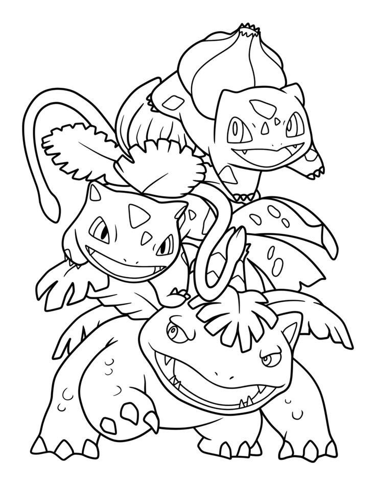 Arte com os três estágios evolutivos do Pokémon Bulbasaur (Bulbasaur, Ivysaur e Venasaur) para colorir e imprimir.