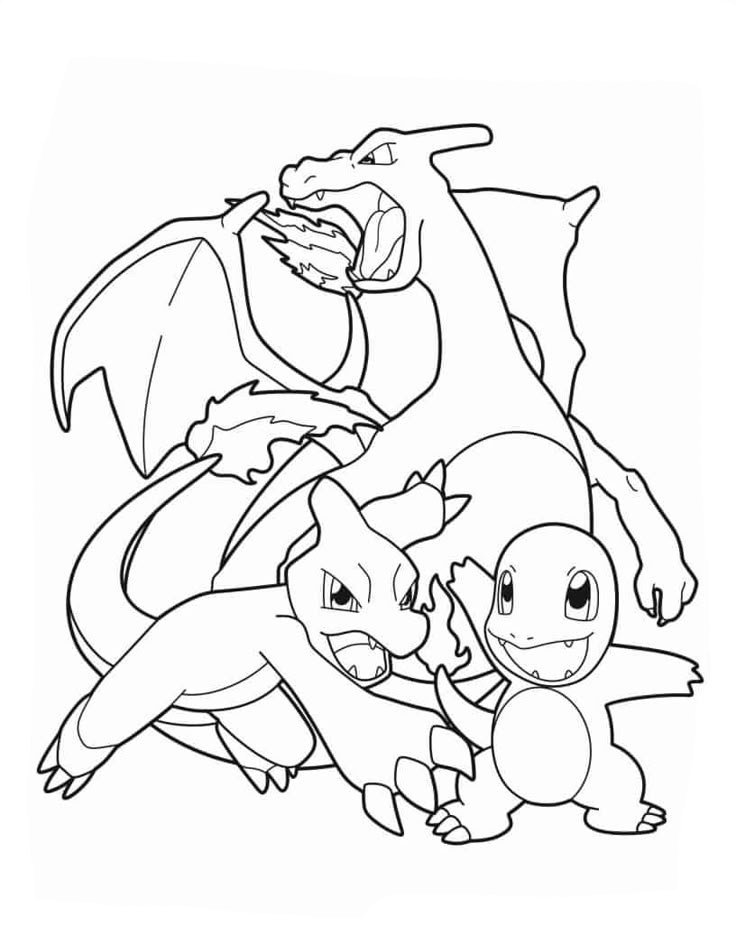 Desenho para imprimir e colorir com todas as evoluções do Pokemon charmander: Charmander, Charmeleon e Charizard.