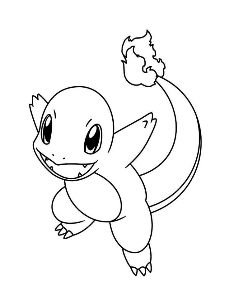 Charmander, um Pokémon inicial de Kanto, do tipo fogo, em um desenho divertido para colorir e imprimir