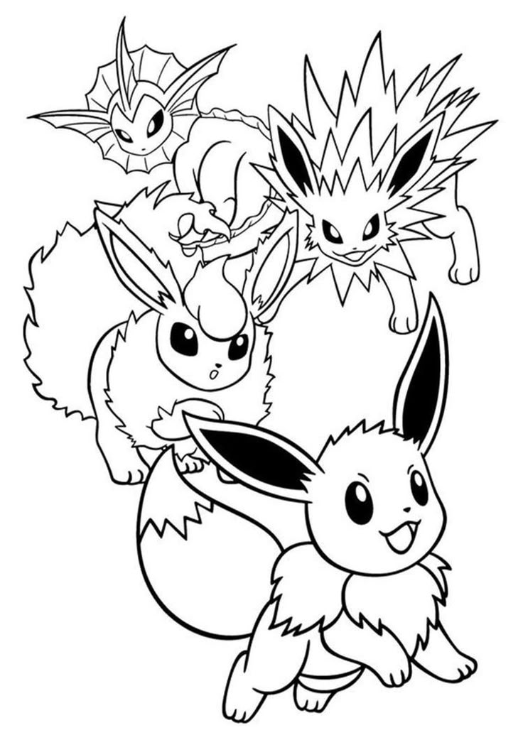 Ilustração do Pokémon Eevee acompanhado de suas evoluções: Jolteon, Flareon e Vaporeon para colorir e pintar.