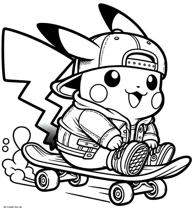 Pikachu usando boné e andando de skate, pronto para ser colorido. Desenho gratuito de Pokémon para imprimir e pintar.