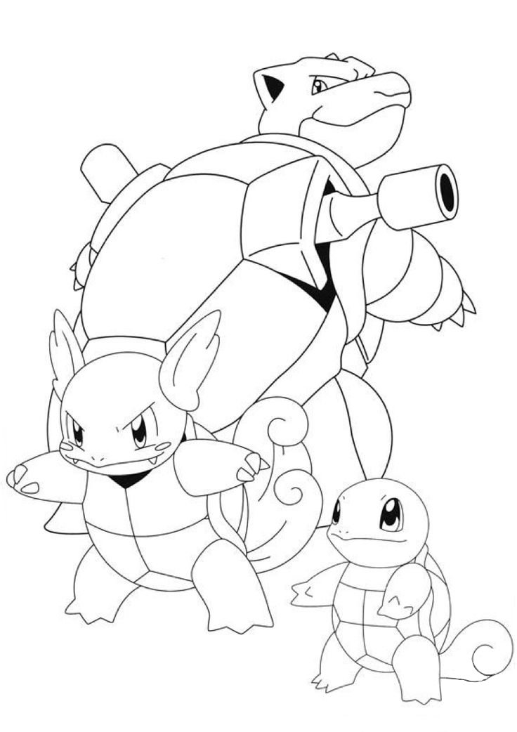 Desenho para colorir dos Pokémons Squirtle, Wartortle e Blastoise, representando a evolução dos personagens iniciais de kanto.