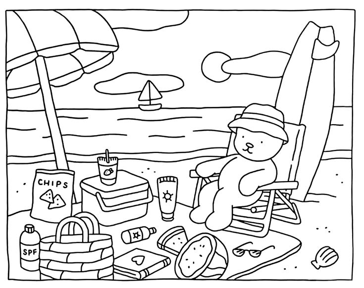 Desenho da Bobbie Goods na praia para colorir com urso relaxando em cadeira de praia, guarda-sol, prancha de surf, óculos de sol e outros elementos de verão.
