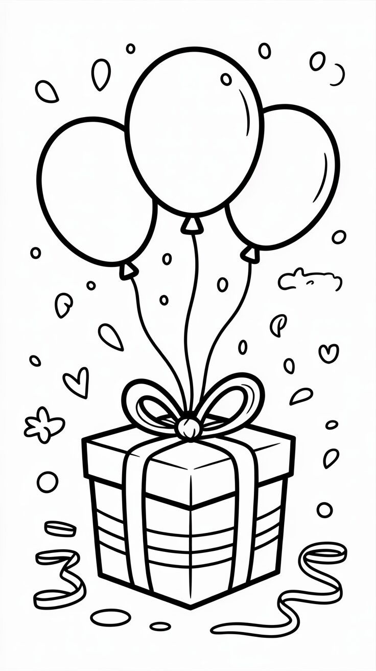 Desenho para colorir contendo um presente de caixa quadrada com um laço grande no topo, flutuando com três balões e confetes ao redor.