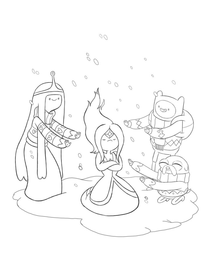 Desenho da Princesa de Fogo ajoelhada, com Finn, Jake e a Princesa Jujuba a usando de fogueira em um dia de neve para imprimir e colorir.