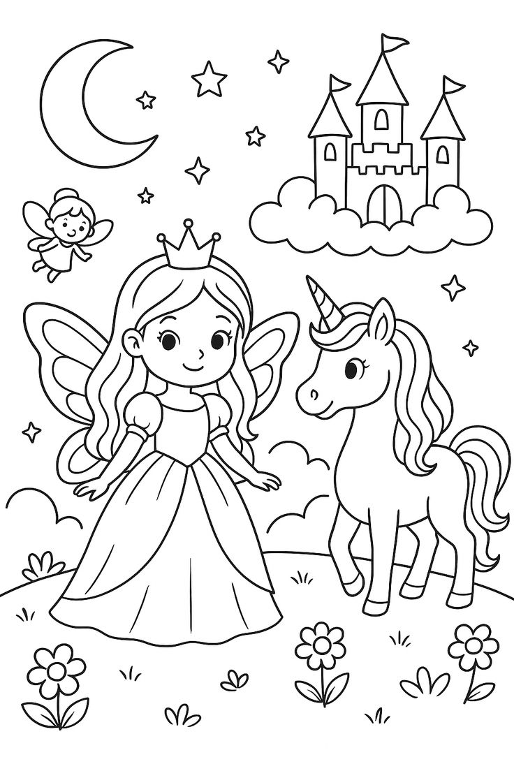 Desenho para colorir de uma princesa fada com asas ao lado de um unicórnio, com um castelo ao fundo sobre nuvens e uma lua crescente no céu.