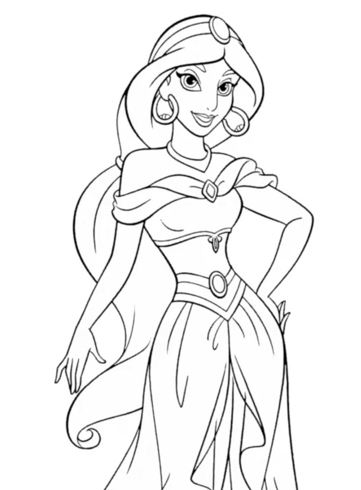 Desenho da Princesa Jasmine do filme Aladdin, em pé, com sua roupa tradicional para colorir e imprimir.