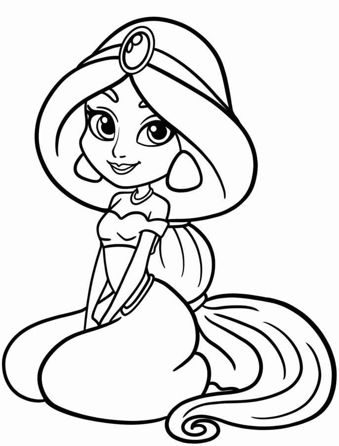 Desenho fofo da Princesa Jasmine em estilo Kawaii, com olhos grandes, tiara e roupa tradicional para pintar.