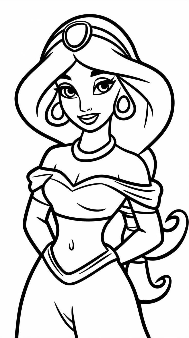 Desenho da Princesa Jasmine de Aladdin com seu traje clássico, tiara e cabelo longo para colorir.