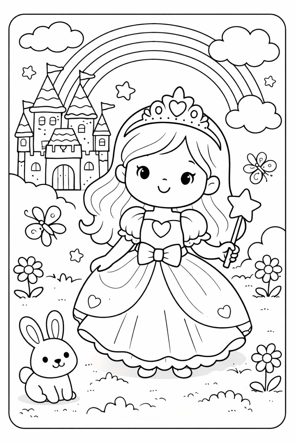 Uma princesa fofa segurando uma varinha de estrela, em um jardim com flores, borboletas, um coelhinho, um castelo ao fundo e um grande arco-íris no céu.