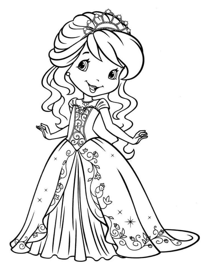 Desenho para colorir da Princesa Moranguinho com cabelos cacheados, coroa e vestido longo com detalhes florais e de morangos.