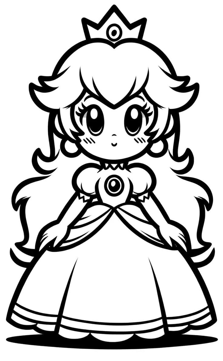 Desenho da Princesa Peach em estilo Chibi, com traços simples, fácil e bonito, e visual infantil, pronta para colorir e imprimir.