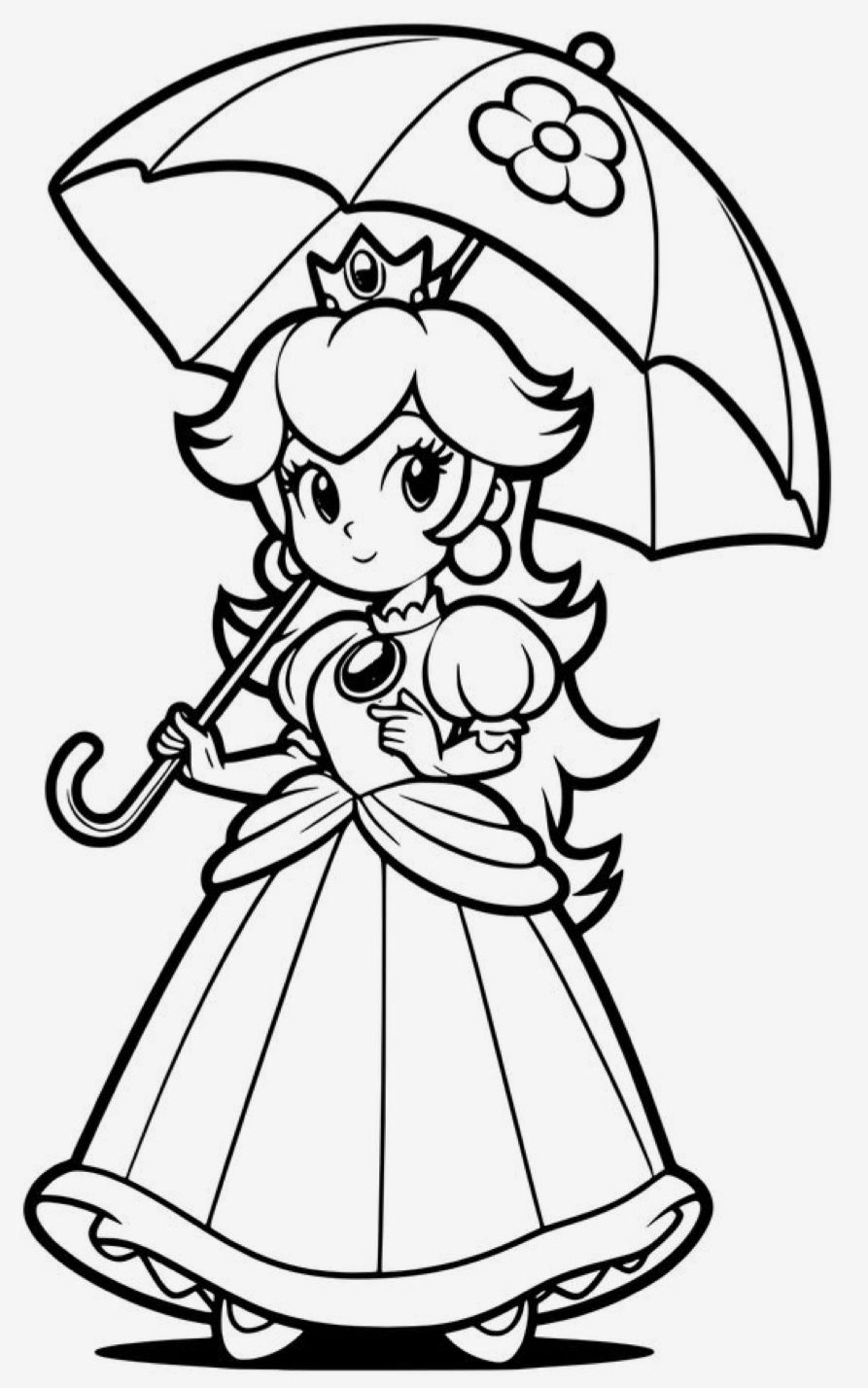 Ilustração da Princesa Peach segurando uma sombrinha decorada com uma flor, vestindo seu vestido clássico e coroa.