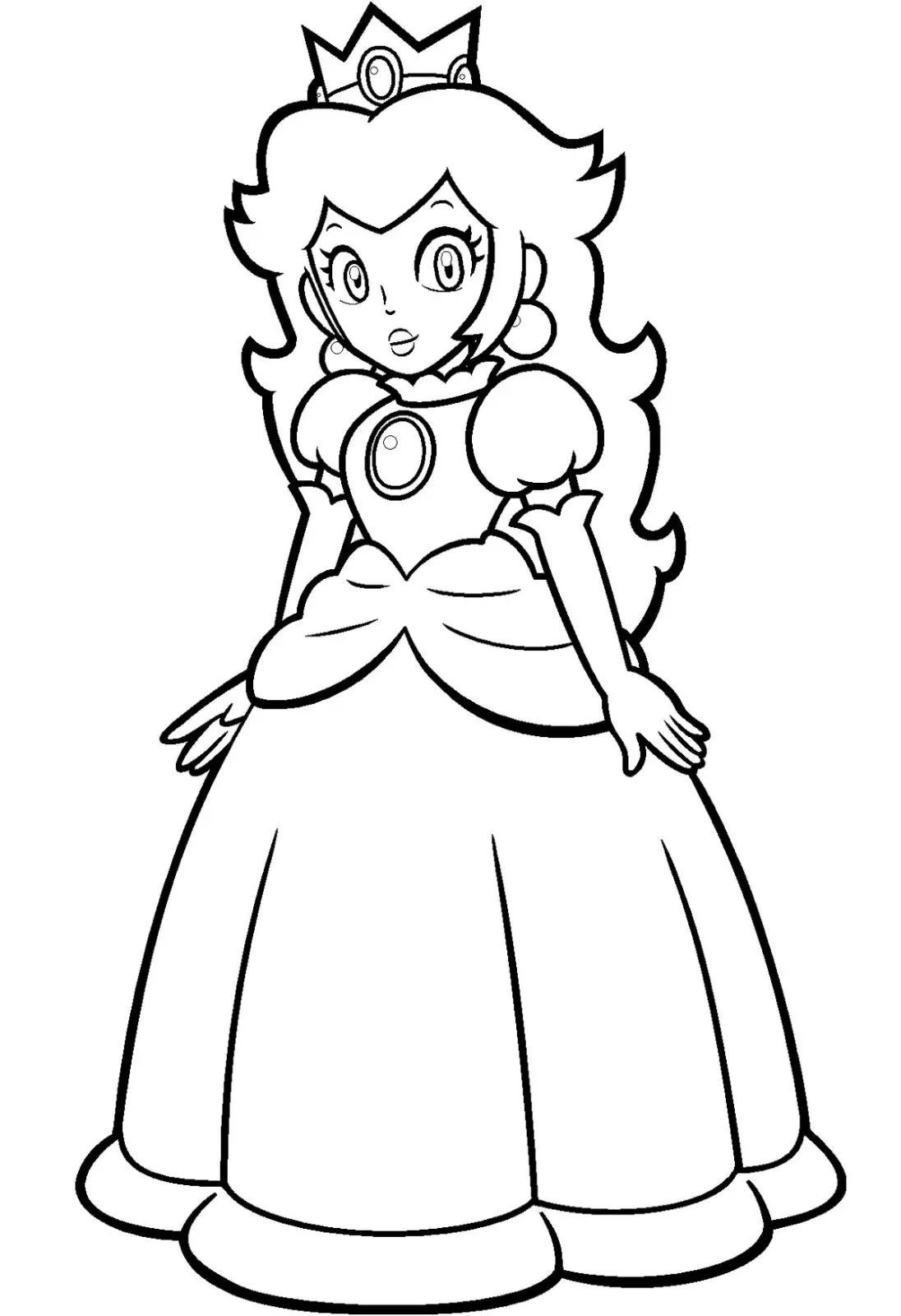 Desenho da Princesa Peach vestida com seu icônico vestido real e coroa para ser colorido.