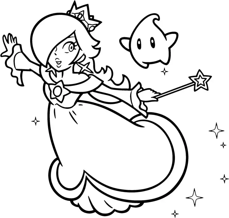 Desenho da Princesa Rosalina flutuando com sua varinha mágica ao lado de um Luma em um fundo cheio de estrelas.