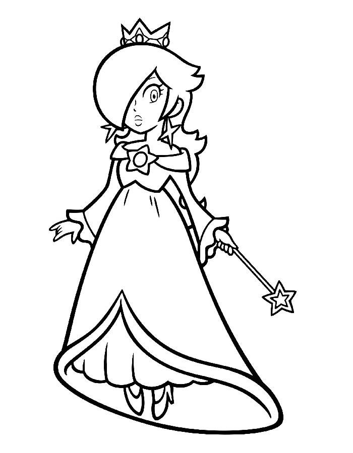 Desenho da Princesa Rosalina usando seu vestido longo e coroa, segurando uma varinha mágica com ponta de estrela.