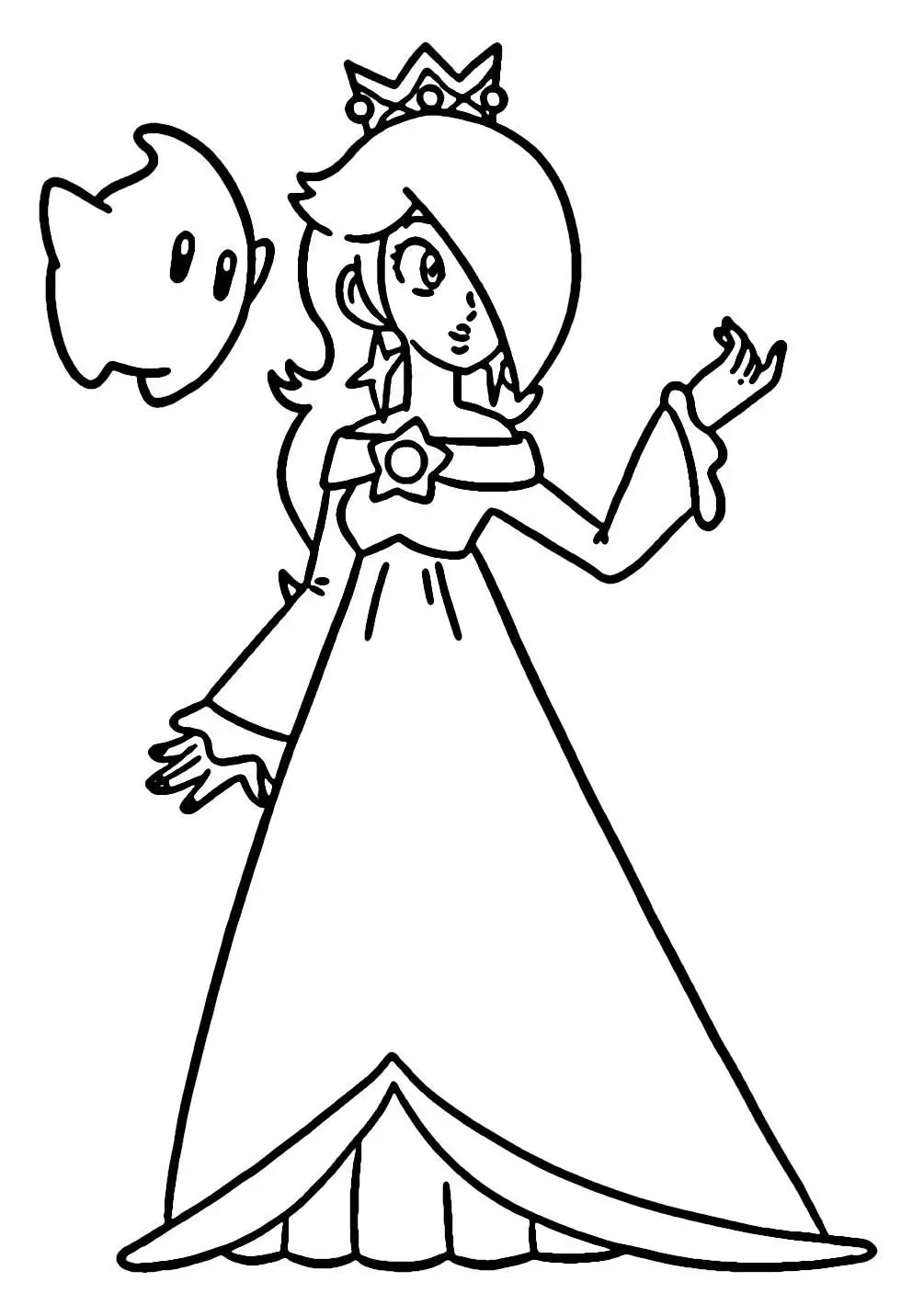 Desenho de contorno da Princesa Rosalina com sua varinha em formato de estrela e uma pequena Luma flutuando ao seu lado.