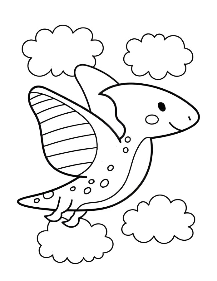 Desenho de um Pterodáctilo bebê voando em um céu com nuvens estilizadas, perfeito para colorir e imprimir.