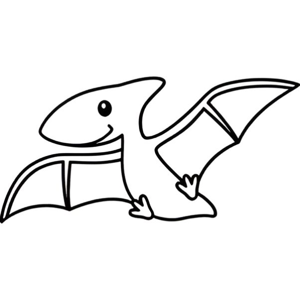 Pterodáctilo sorrindo com asas abertas, estilo cartoon, pronto para colorir e aprender sobre dinossauros.