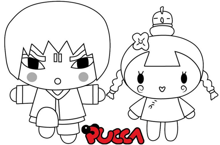 Desenho da Pucca com Abyo e Ching, cabeças grandes, corpos pequenos e muita fofura para colorir e imprimir.