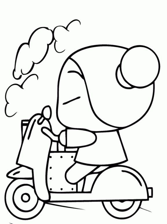 Desenho da Pucca super fofa andando de scooter para imprimir e colorir.