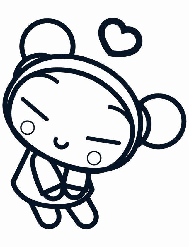 Desenho da Pucca apaixonada com um coração acima da cabeça, perfeita para imprimir e colorir.