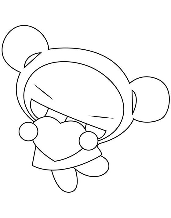 Desenho da Pucca estilo cartoon segurando um coração, com traços simples e sorrindo, pronto para imprimir e colorir.