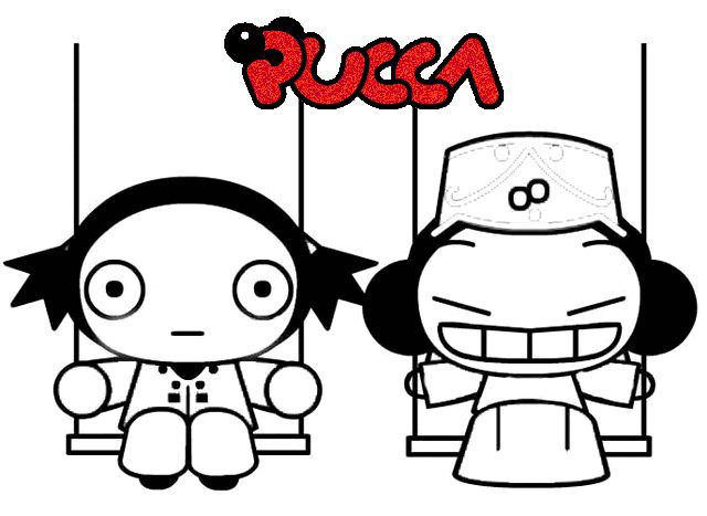 Desenho da Pucca e Garu se divertindo em balanços para imprimir e pintar.