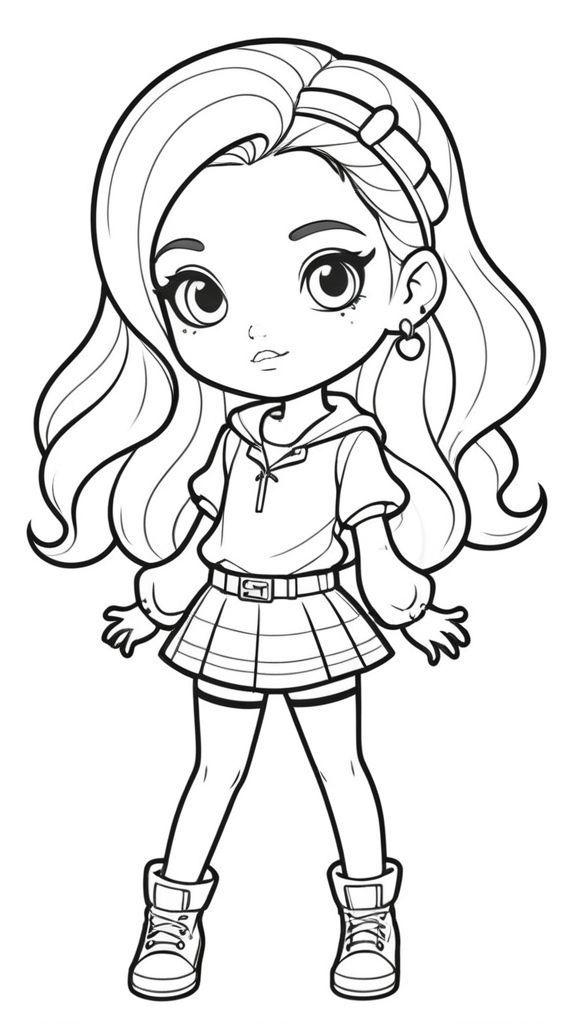 Desenho para colorir de uma boneca com roupa muito estilosas com traços fofos