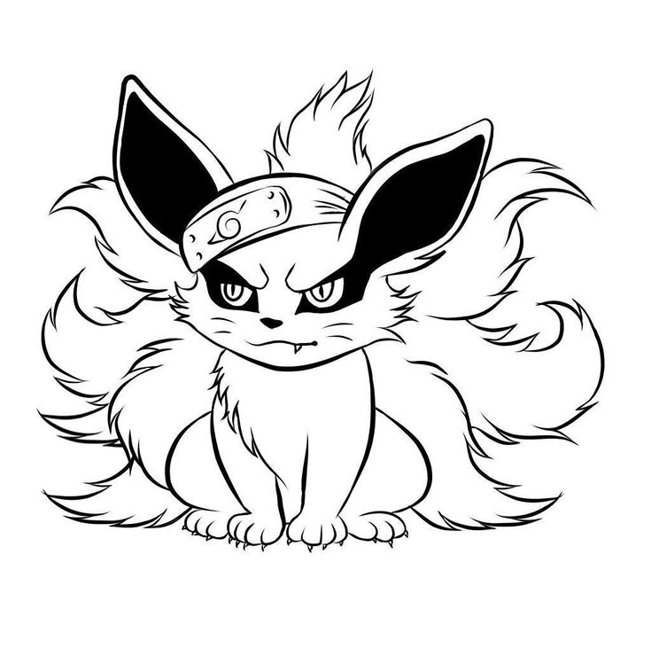Desenho estilo anime de uma raposa com nove caudas usando uma bandana ninja, traço em preto e branco pronto para ser colorido.