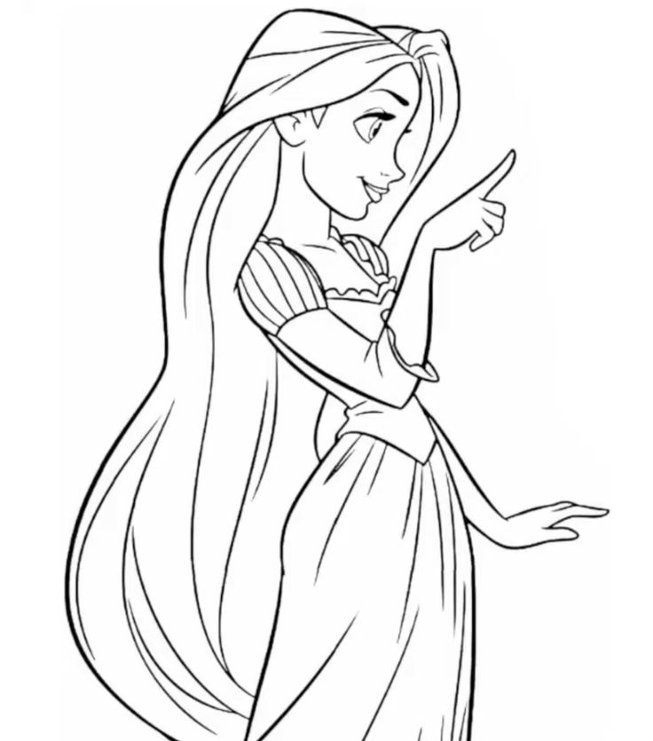 Rapunzel da Disney com longos cabelos loiros para colorir.