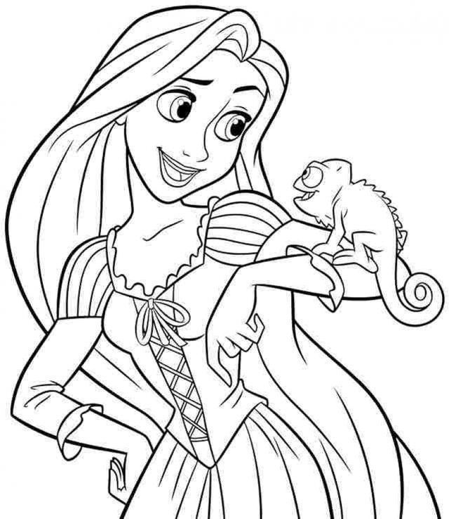 Desenho da Rapunzel, a princesa da Disney do filme Enrolados, com seu camaleão Pascal para colorir e imprimir.