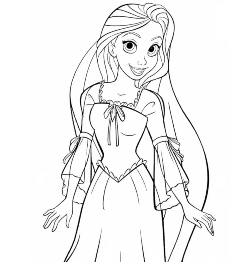 Rapunzel com seu vestido de princesa, seus longos cabelos loiros e um sorriso gentil, pronta para ser colorida.