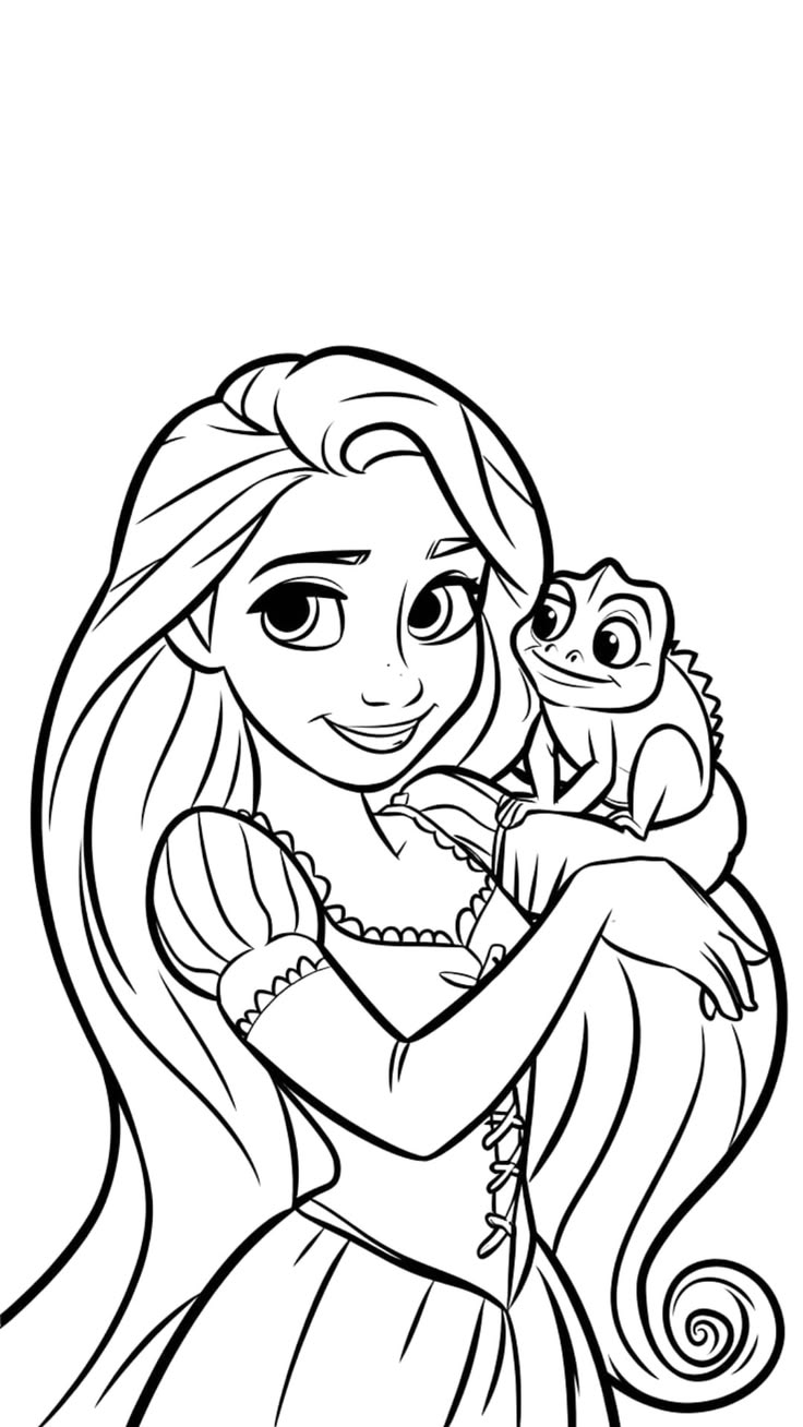 Ilustração em preto e branco da princesa Rapunzel segurando o camaleão Pascal em seus braços, com seu longo cabelo fluido.