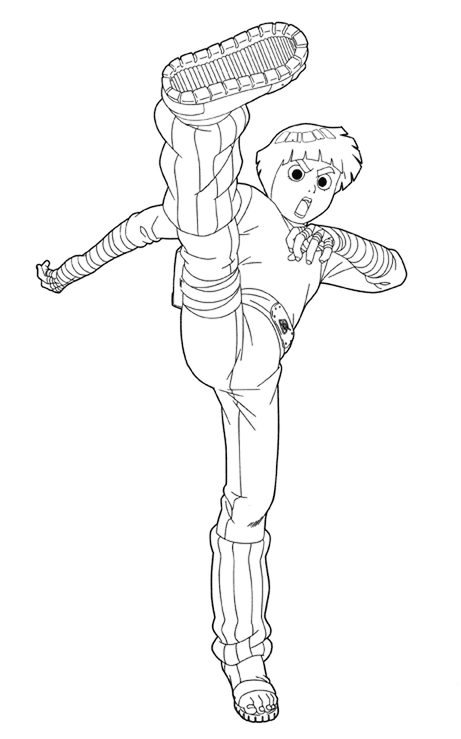 Desenho para colorir de Rock Lee, de Naruto, aplicando um chute alto em posição de combate com seu traje clássico de ninja.