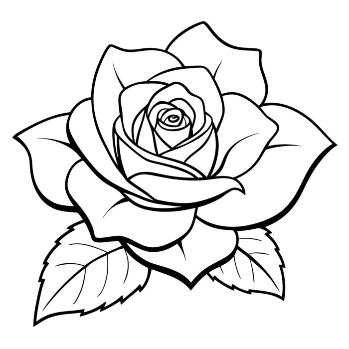 Desenho de uma rosa com pétalas abertas, centro espiralado e folhas na base, ideal para colorir e aprender sobre a natureza.