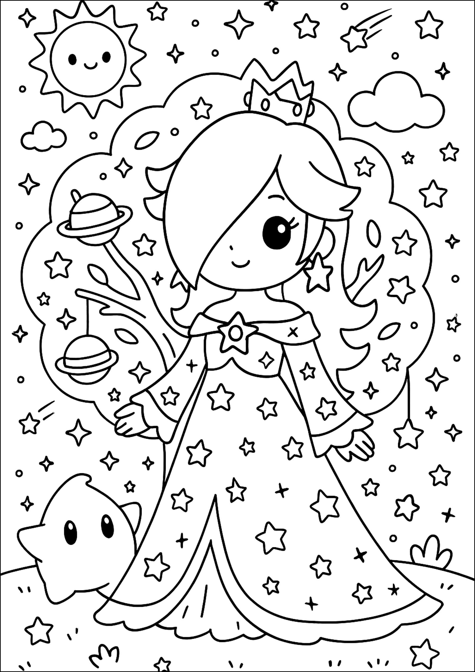 Desenho da Princesa Rosalina ao lado de um Luma, cercada por estrelas, planetas e um sol sorridente no espaço.