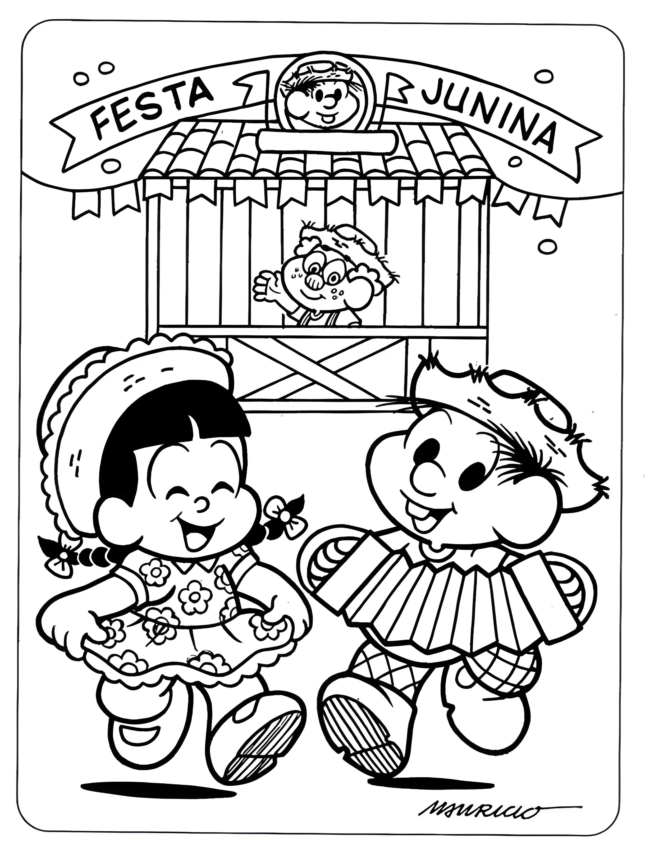 Desenho da Rosinha e do Chico Bento, da Turma da Mônica, dançando na festa junina com enquanto o Chico Bento toca sua sanfona.