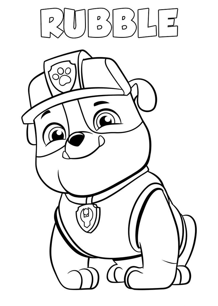 Desenho do Rubble da Patrulha Canina, o buldogue construtor com seu capacete e colete de trabalho, pronto para colorir.