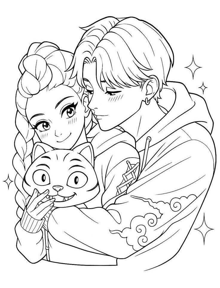 Rumi e Jinu de Guerreiras do K-pop com um gato fofo e estrelas mágicas para imprimir e colorir.