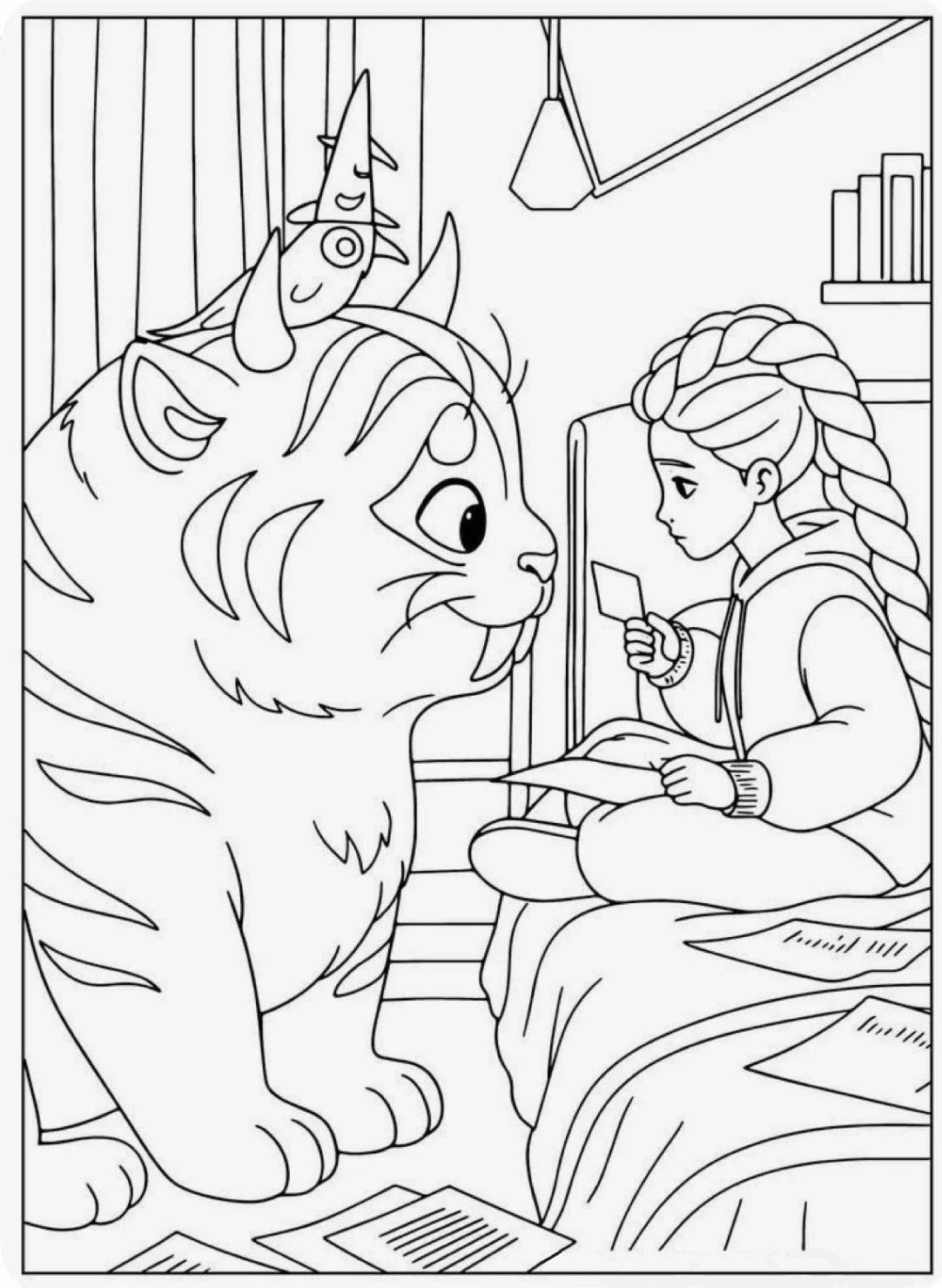 Rumi, a caçadora de demônios, sentada na cama com o tigre Derpy e um mascote místico, cenário de quarto para imprimir e colorir.