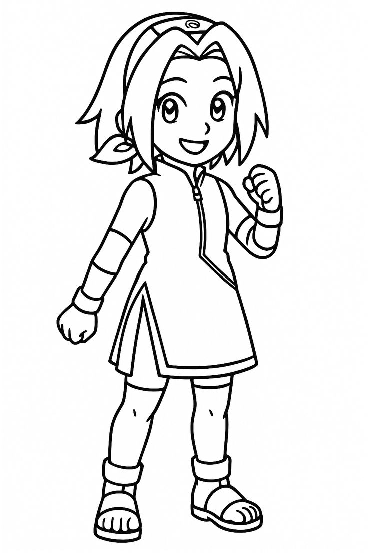 Desenho para colorir da personagem Sakura Haruno de Naruto, em pé e em pose de luta com punho fechado.