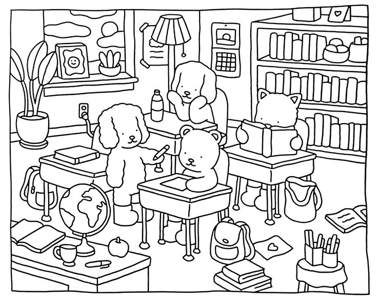 Desenho para colorir, da Bobbie Goods, com animais estudando em uma sala de aula, aprendendo e se divertindo.